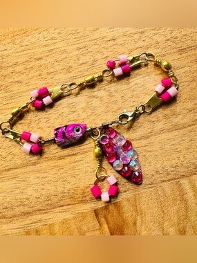 Handcrafted Pink Beaded Fishing Lure Bracelet
